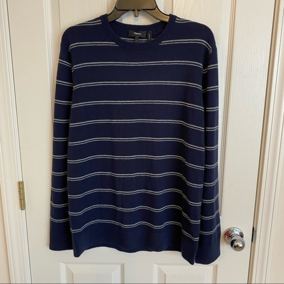THEORY Riland Striped Wool Blend Pullover Sweater in Navy/Grey Size M - Picture 3 of 10